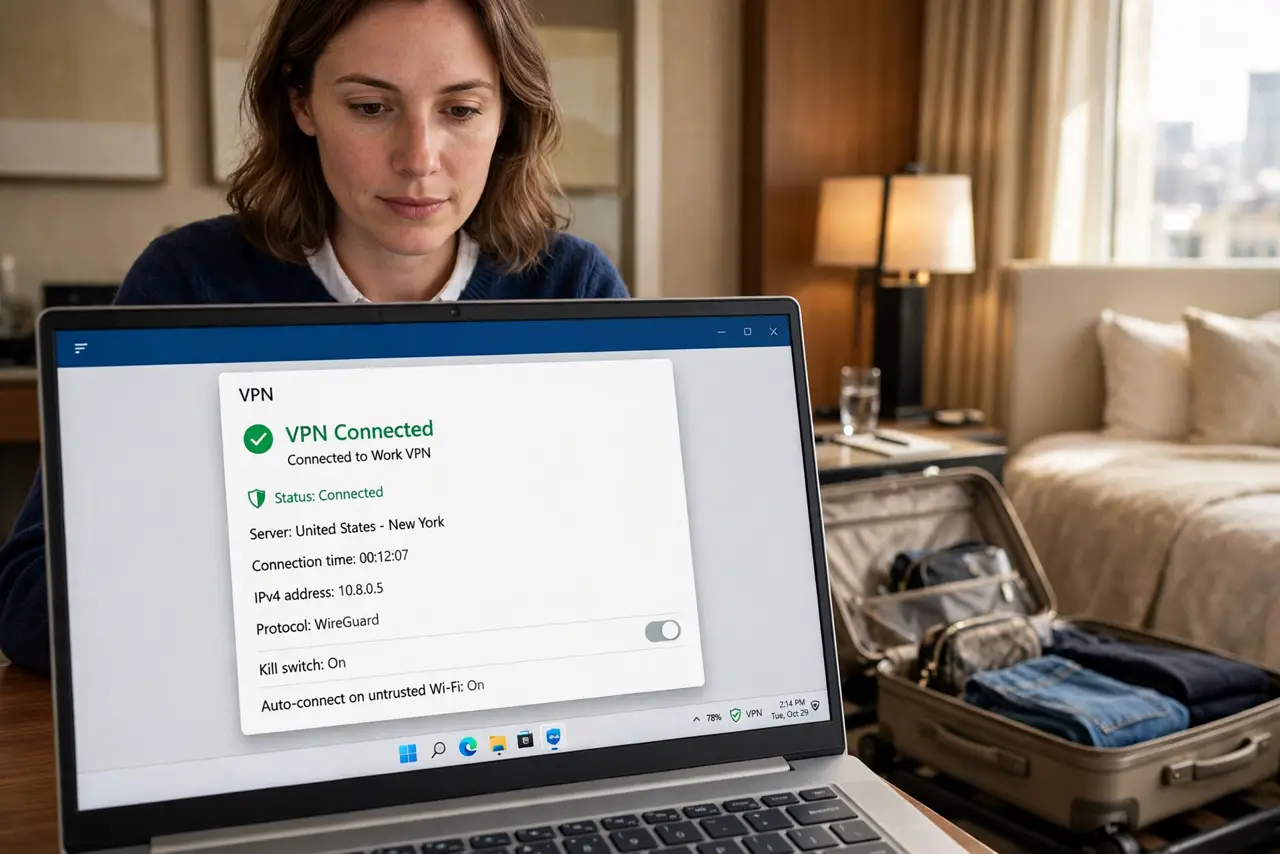 a person working on a real laptop in a hotel room showing a VPN connected status legibly on screen, suitcase visible in the background, the person's face cal...