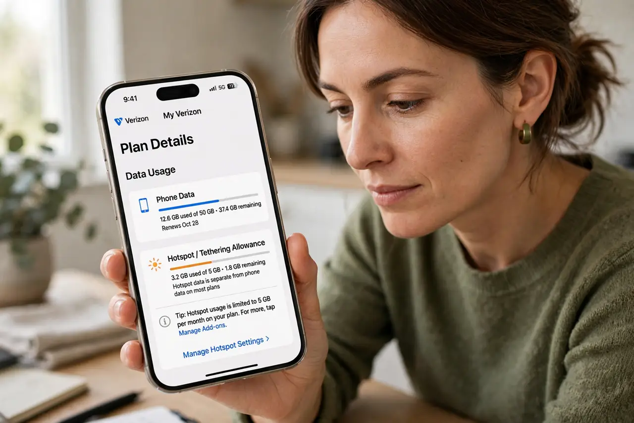 A person performing step 1 of the guide: Find the hotspot allowance in your plan. Open the carrier app and look for the hotspot or tethering line specifically. Phone data and hotspot data are separate buckets on most plan...