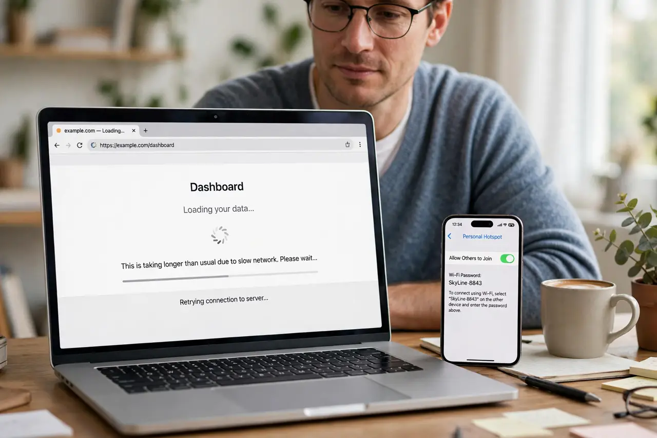a calm adult at a desk with a real laptop showing a slow-loading page, a phone beside it with the hotspot toggle visible and legible. No black screen, no blank white screen, no fake or garbled screen text.