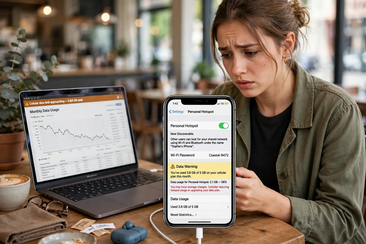 a person working on a real laptop tethered to a real iPhone showing the personal hotspot screen with legible status, the person's face concerned at a data warning, cafe table. No b.