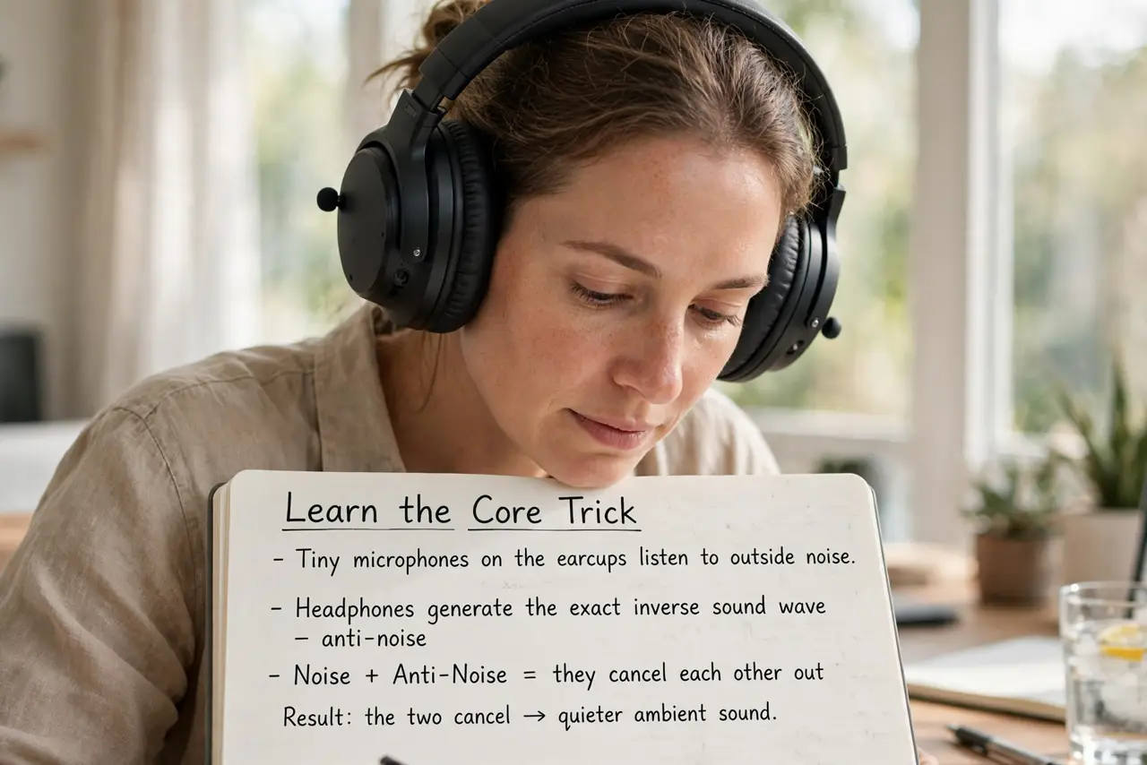 A person performing step 1: Learn the core trick. Tiny microphones on the earcups listen to outside noise. The headphone then generates th.