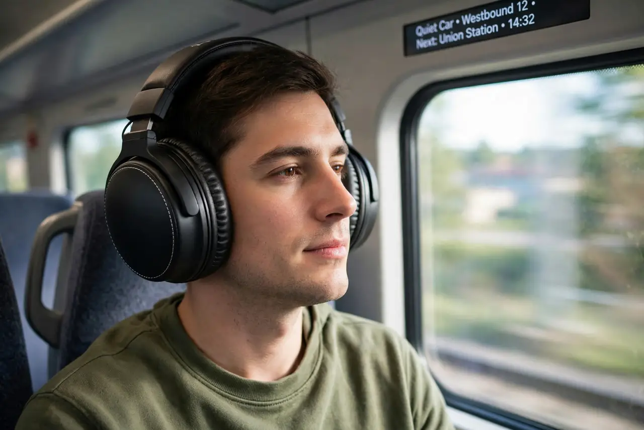 A person wearing real noise-cancelling headphones on a train, the world blurred outside the window, a visible sense of calm, the person's face relaxed.