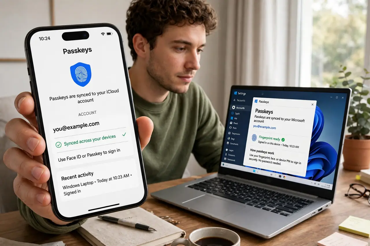 a person holding a real phone and looking at a real laptop, both signed into the same account with passkeys synced, a fingerprint icon on screen, the person'...