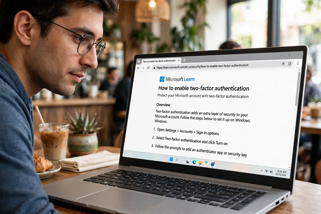 a person looking at a real laptop screen showing a browser address bar with a padlock icon and legible https URL, the person's face curious, coffee shop.