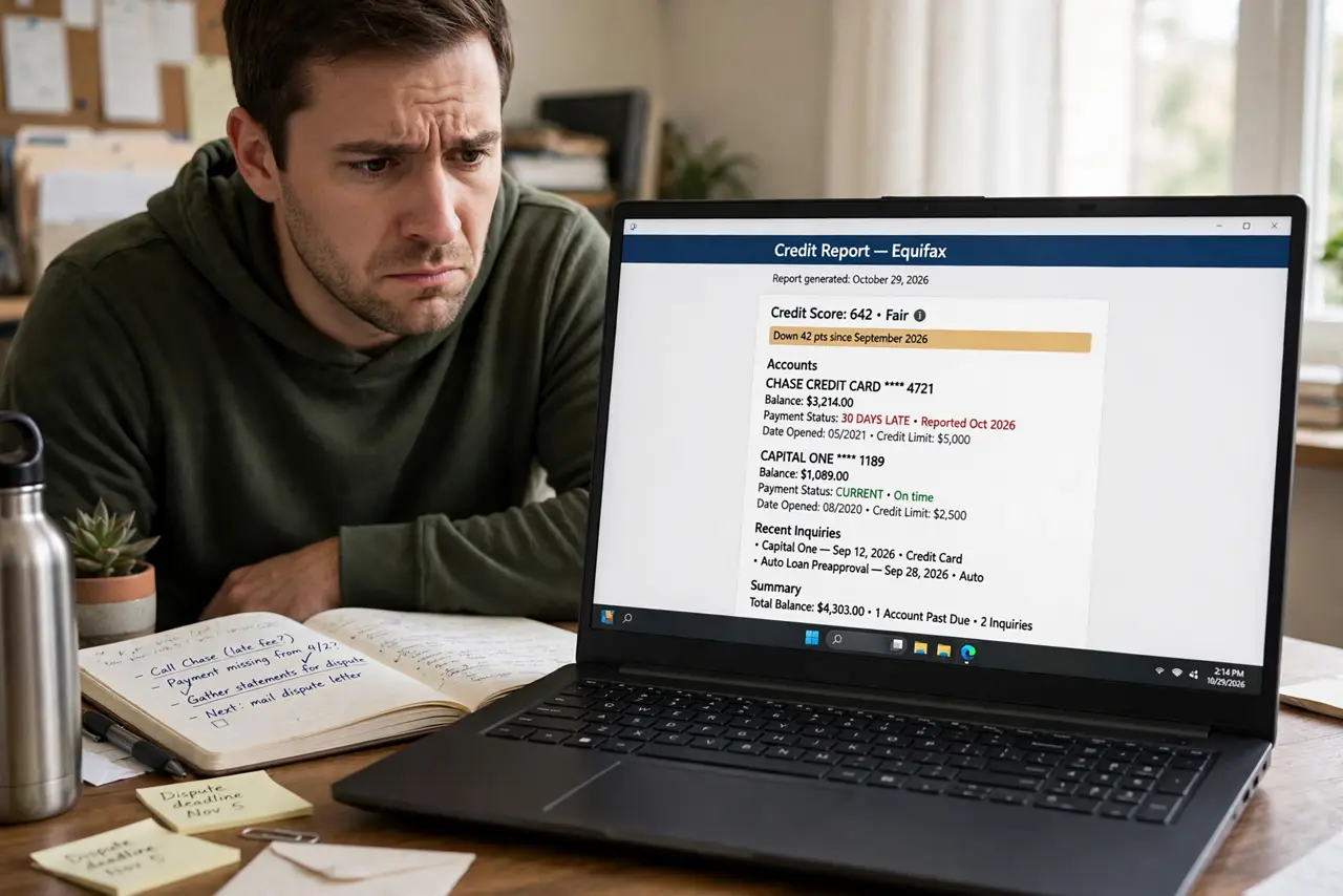 a serious person looking at a real laptop showing a credit report with legible entries, a notebook for documentation beside them, the person's face determine...