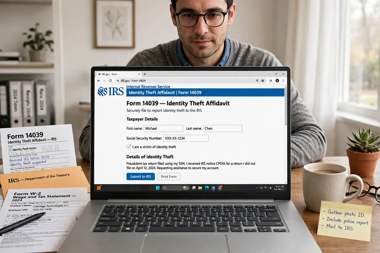A person performing the first step: File IRS Form 14039. The Identity Theft Affidavit starts the official case. File it as soon as the duplicate-filing.