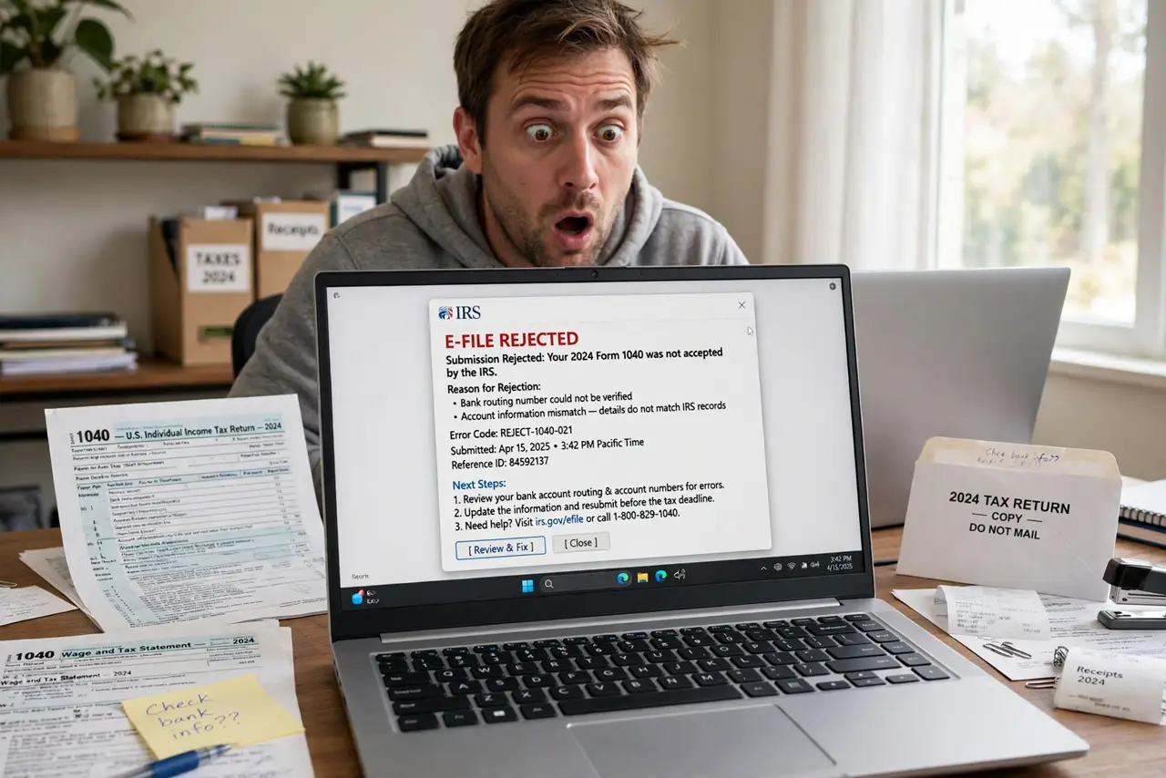 A stunned taxpayer at a real laptop showing a rejected e-file message fully legible, tax documents spread on the desk, the person's face shocked, home office.