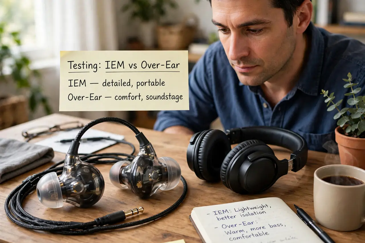 A person comparing real wired IEM earbuds and real over-ear headphones side by side on a desk, both clearly visible, the person's face thoughtful, home desk.