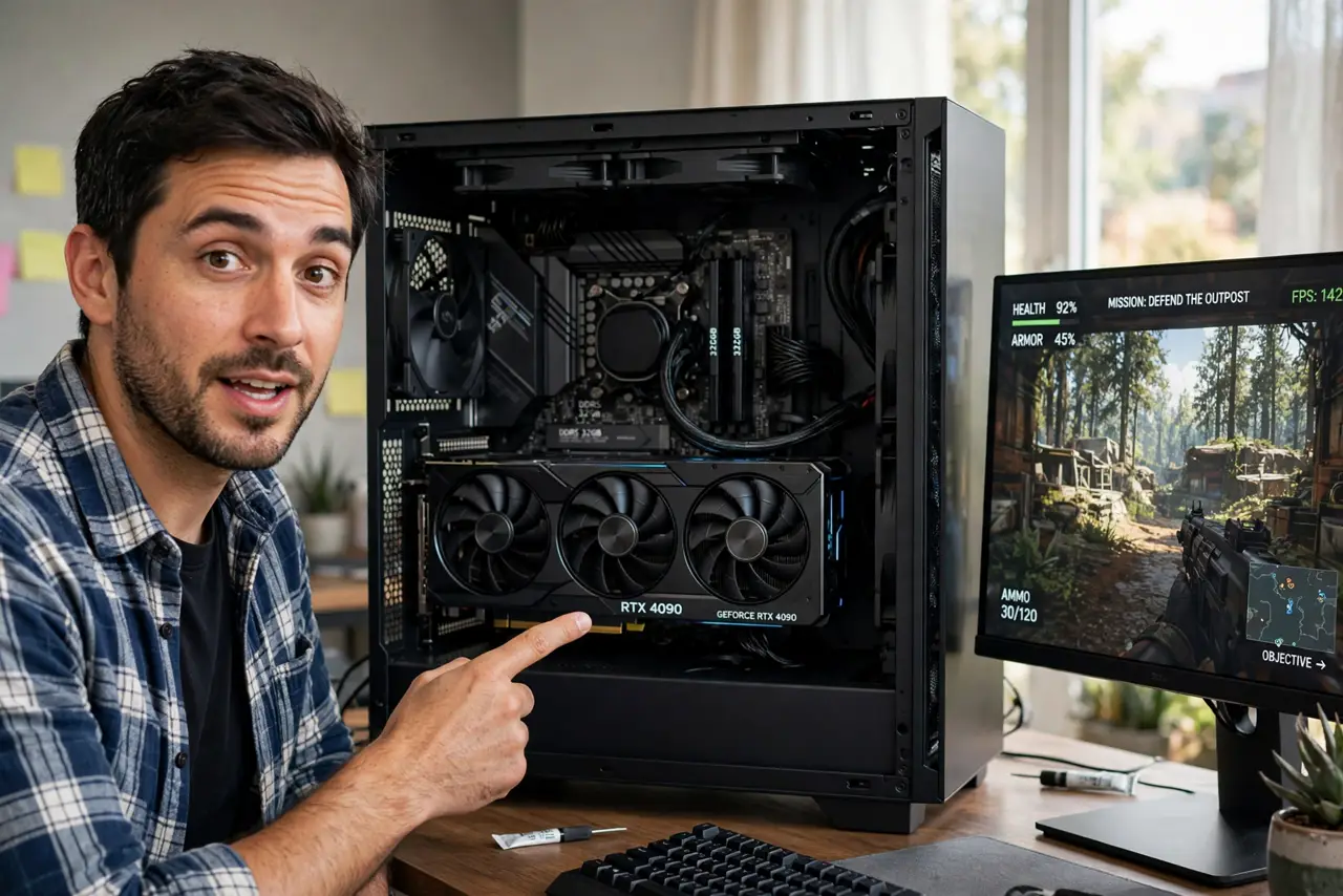 A person pointing at a large dedicated graphics card installed in an open PC case, a monitor beside showing a game