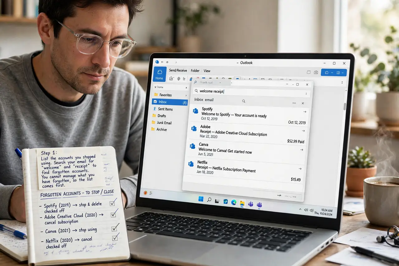A person performing step 1 of the guide: List the accounts you stopped using. Search your email for welcome and receipt messages to find forgotten accounts. You cannot manage...