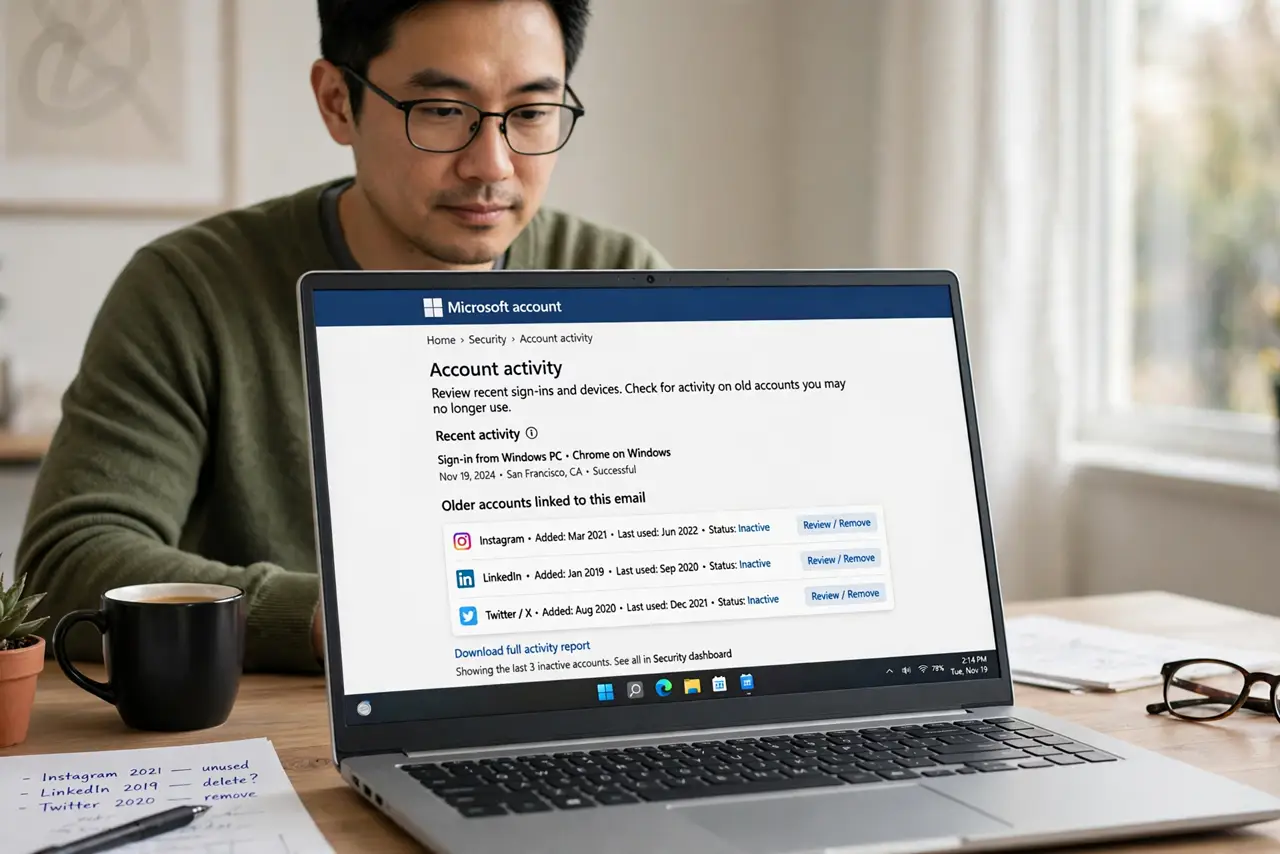 a calm adult at a desk with a real laptop, the screen showing a normal account activity settings page with legible text, the person reviewing old accounts
