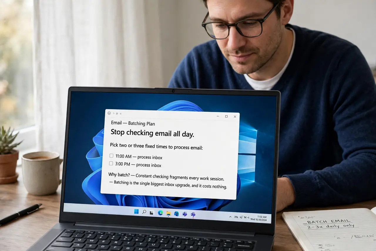 A person performing the first step of the guide: Stop checking email all day. Pick two or three fixed times to process email. Constant checking fragments every.