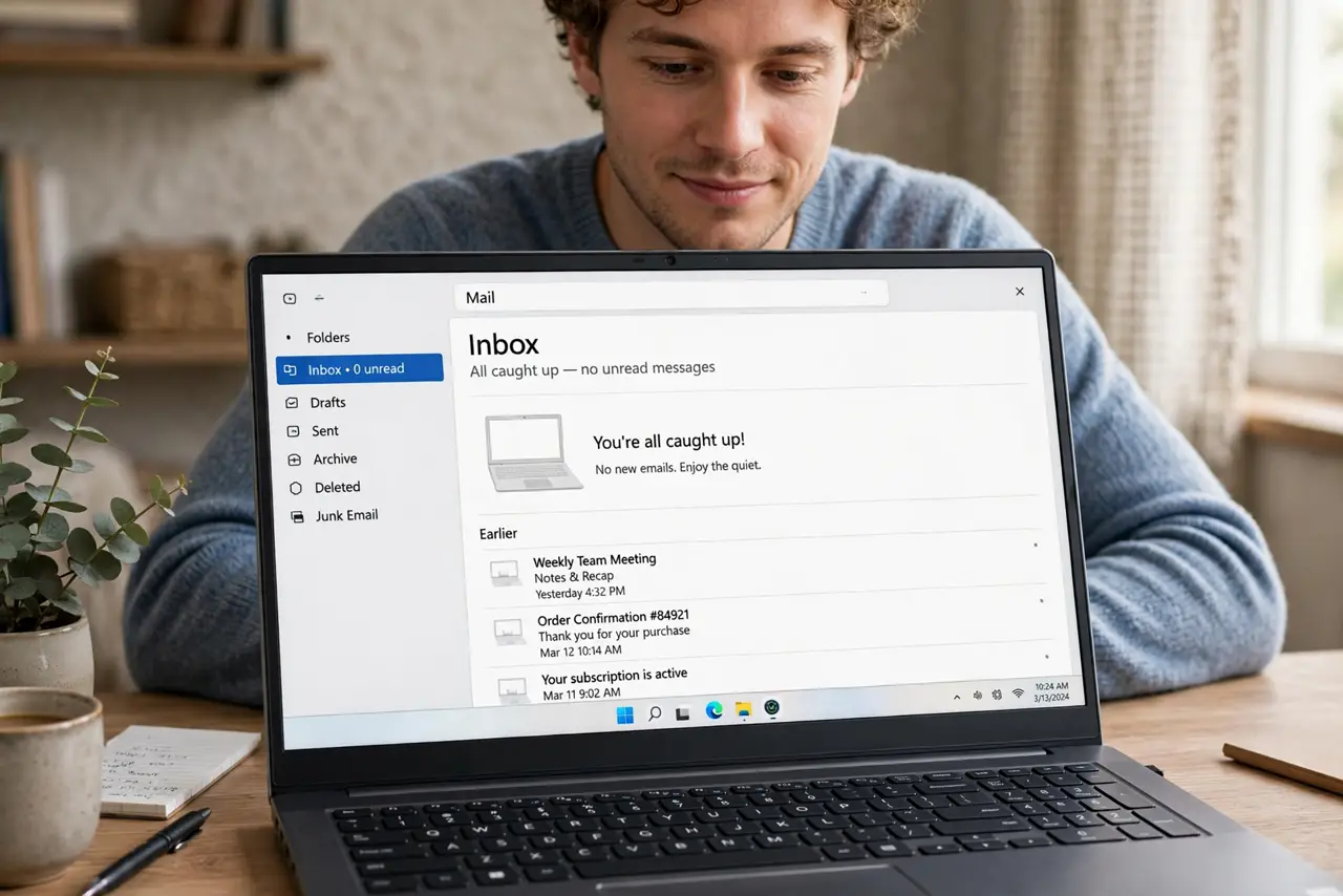 A person looking at a real laptop showing an email inbox with zero unread messages and a clean organized layout, the person's face relieved and calm.