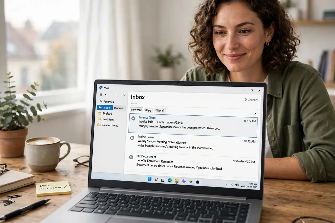 a person at a real desk with a laptop showing an email inbox with a legible zero unread count, the person's face triumphant and calm, morning light.