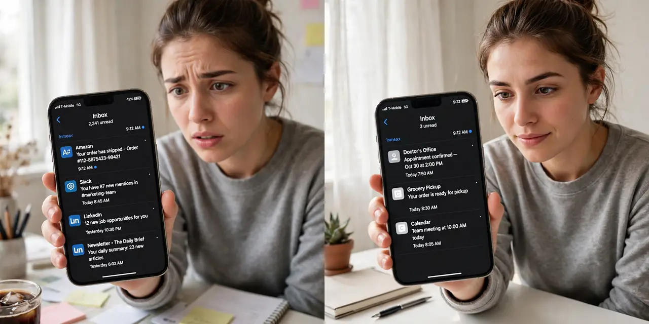 a person looking at a real phone showing an email inbox with thousands of unread messages, the person's face overwhelmed, then a second view of a tidy nearly...