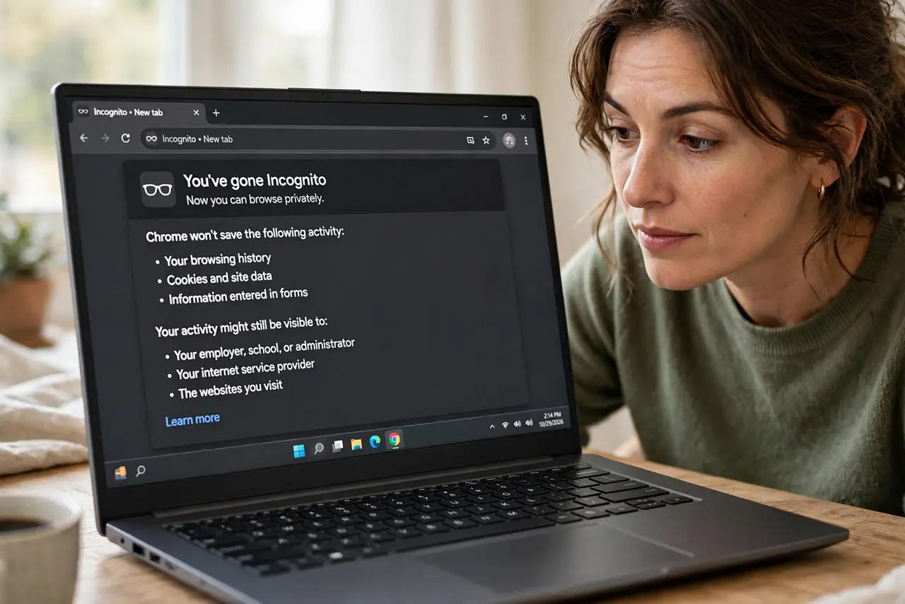 What Incognito Actually Hides — a curious adult looking at a real laptop showing an incognito window with the dark theme, the new-tab text ful