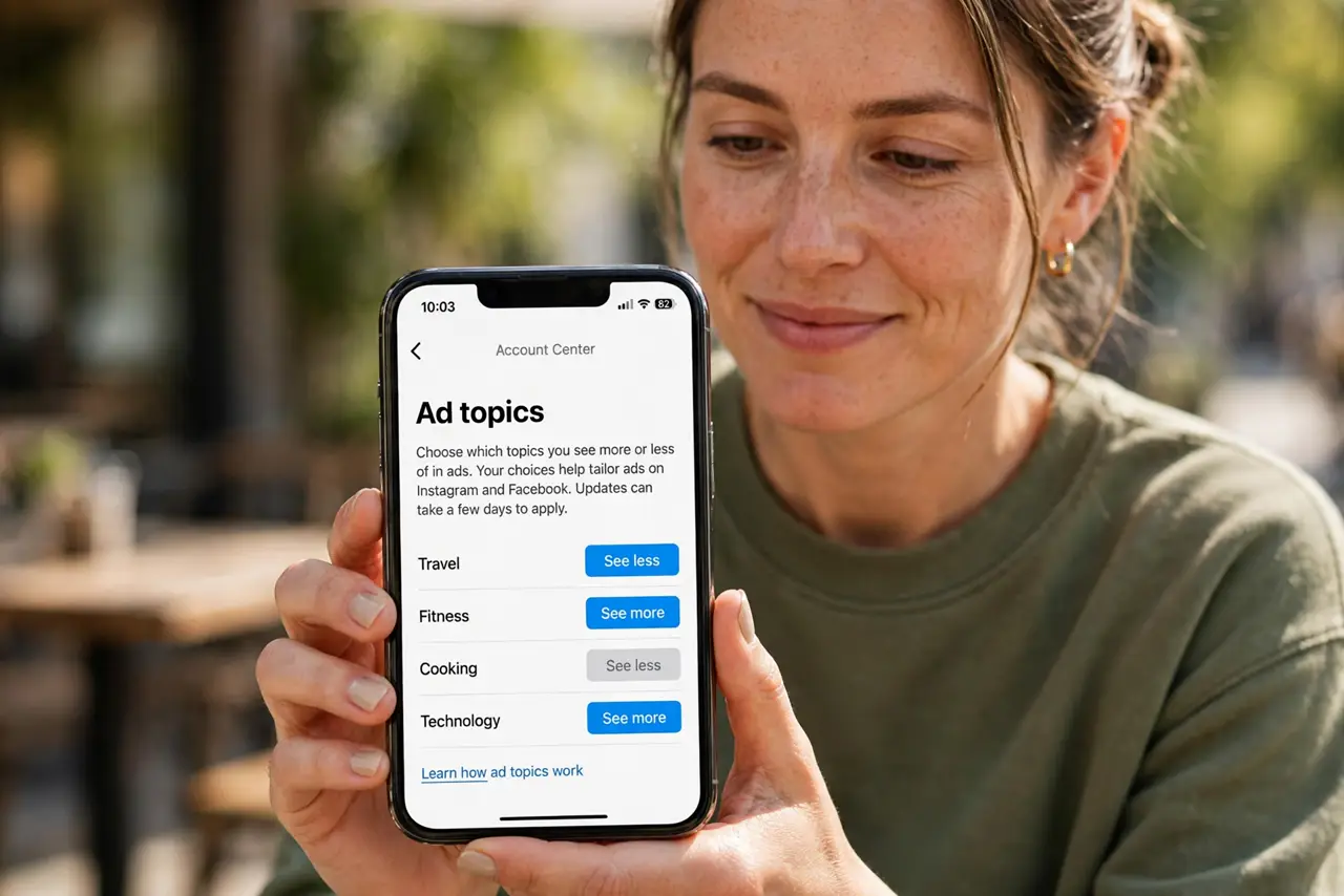 Control the Ads You See on Instagram — a focused adult holding a real phone showing Instagram ad topic controls, the options fully legible, the perso