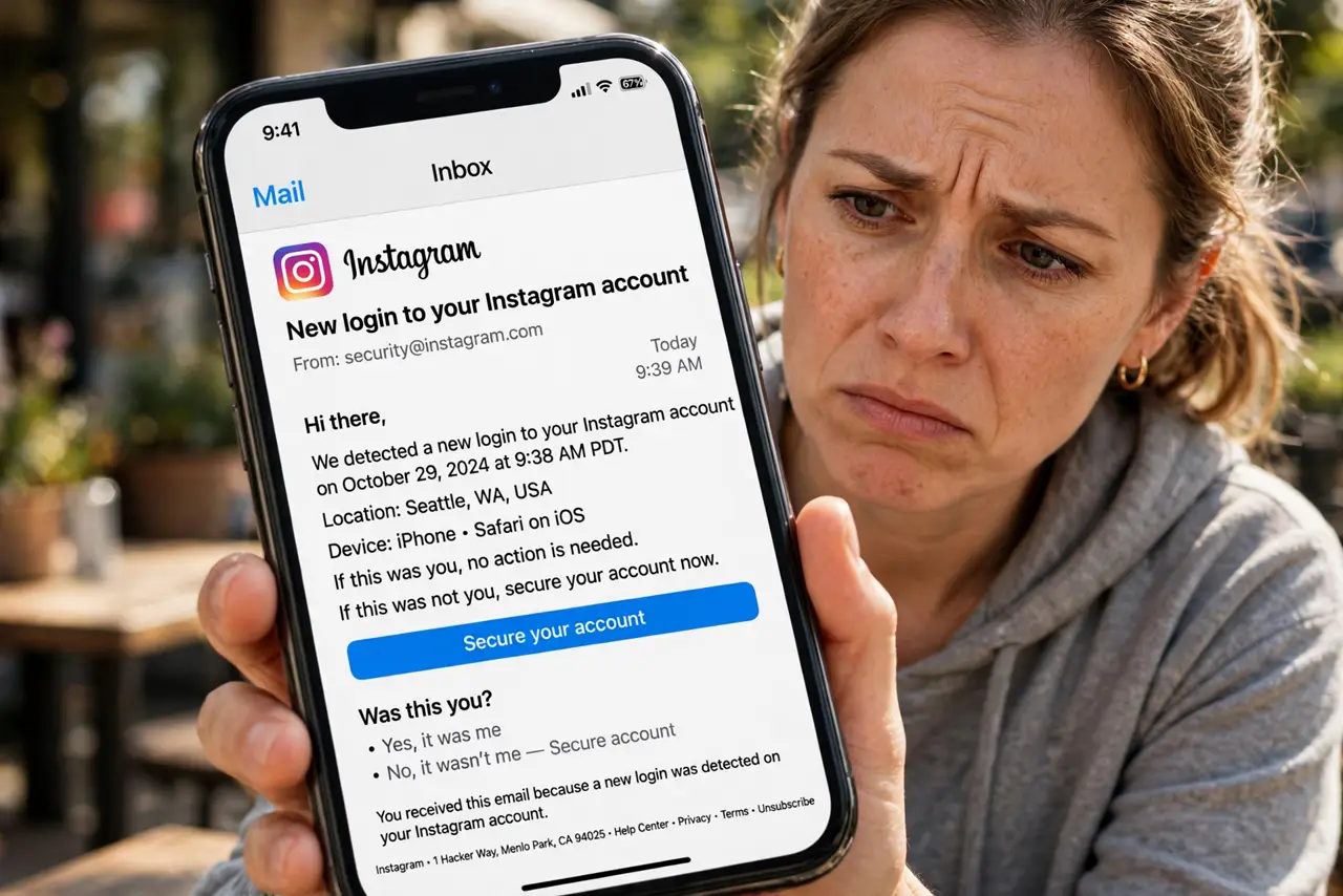 Instagram Login Attempt You Don't Recognize — a suspicious adult looking at a real phone showing an Instagram login attempt email with fully legible text, t
