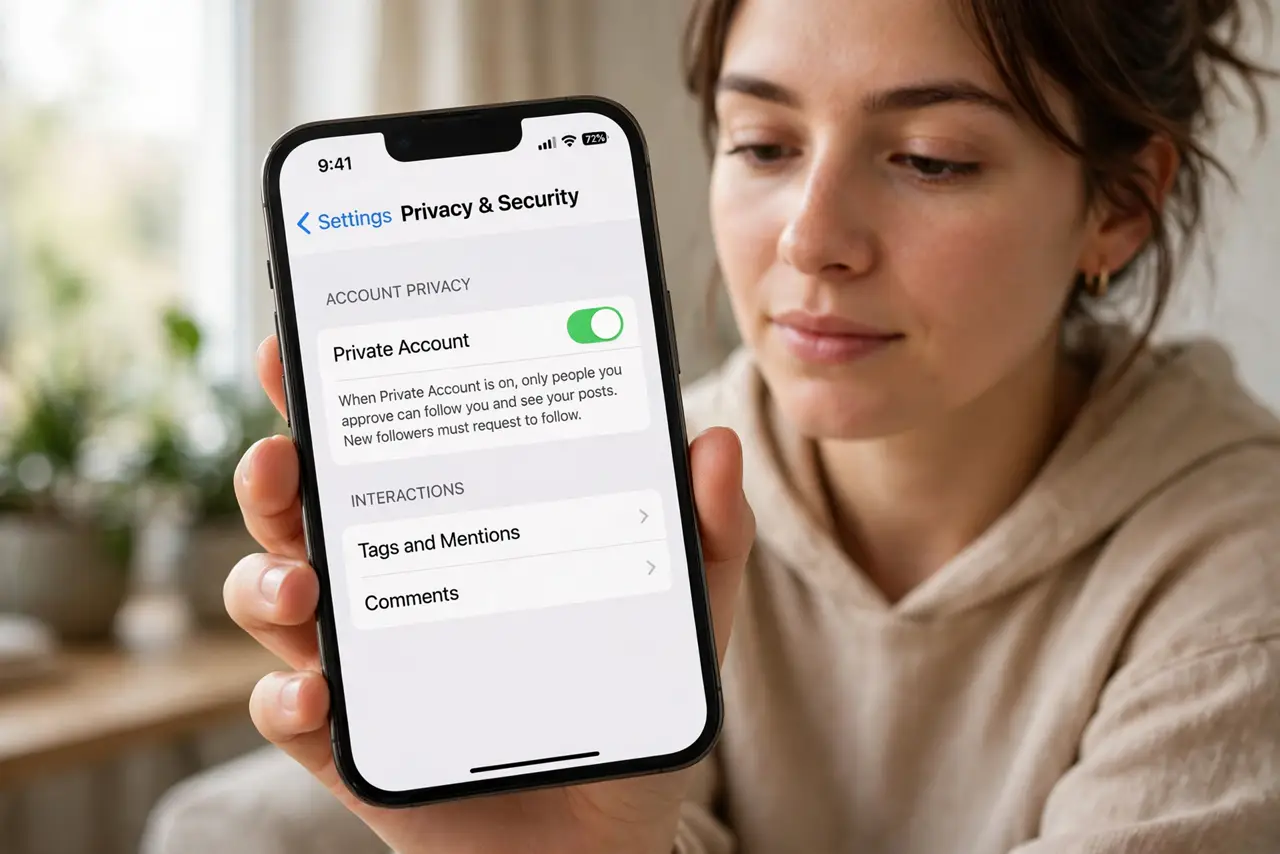 A person performing the first step of the guide: Switch to a private account. Settings > Privacy > Private Account. Now strangers cannot see your posts — they.