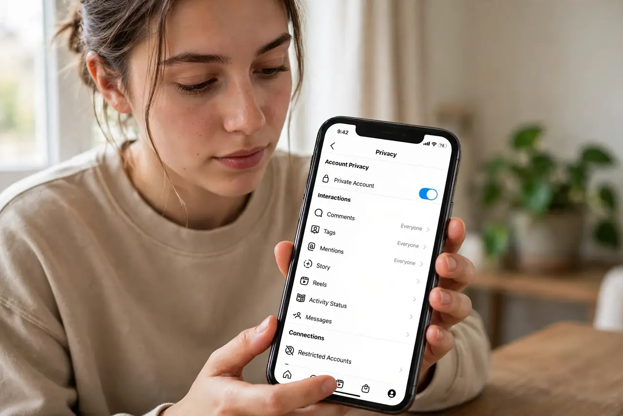 A person reviewing real Instagram privacy settings on a real iPhone with legible options, the person's face focused, indoors. No black screen, no.