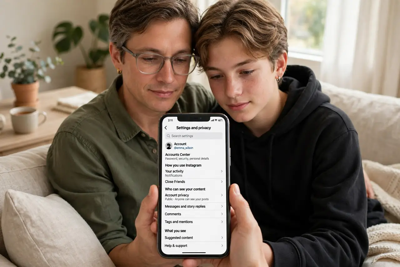a parent and teen sitting together looking at a real smartphone showing Instagram settings with legible text, both faces calm, living room couch.
