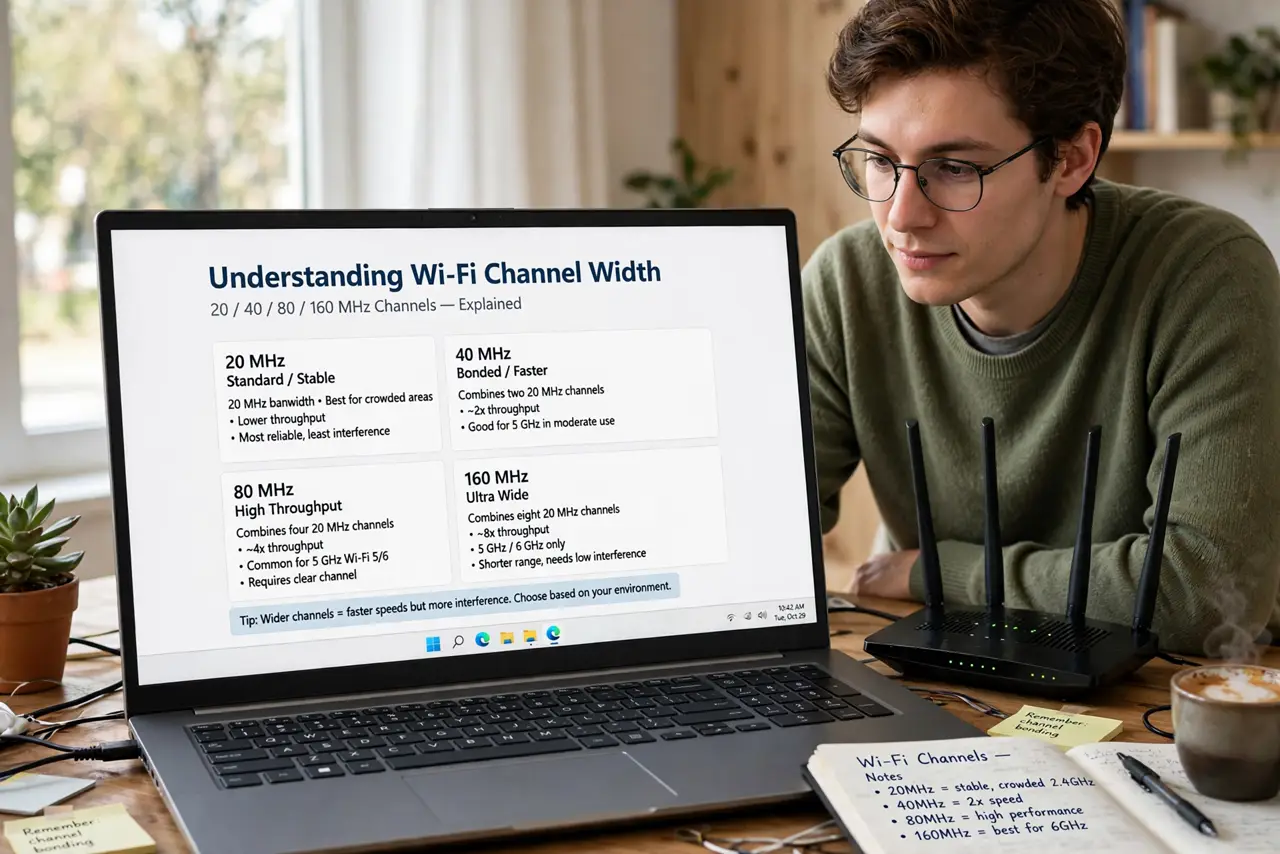 Photoreal photo of a person performing the first step: Understand what channel width means. Wi-Fi channels come in widths: 20, 40, 80, and 160 MHz. Wider means more data per second but a bigger target for ...