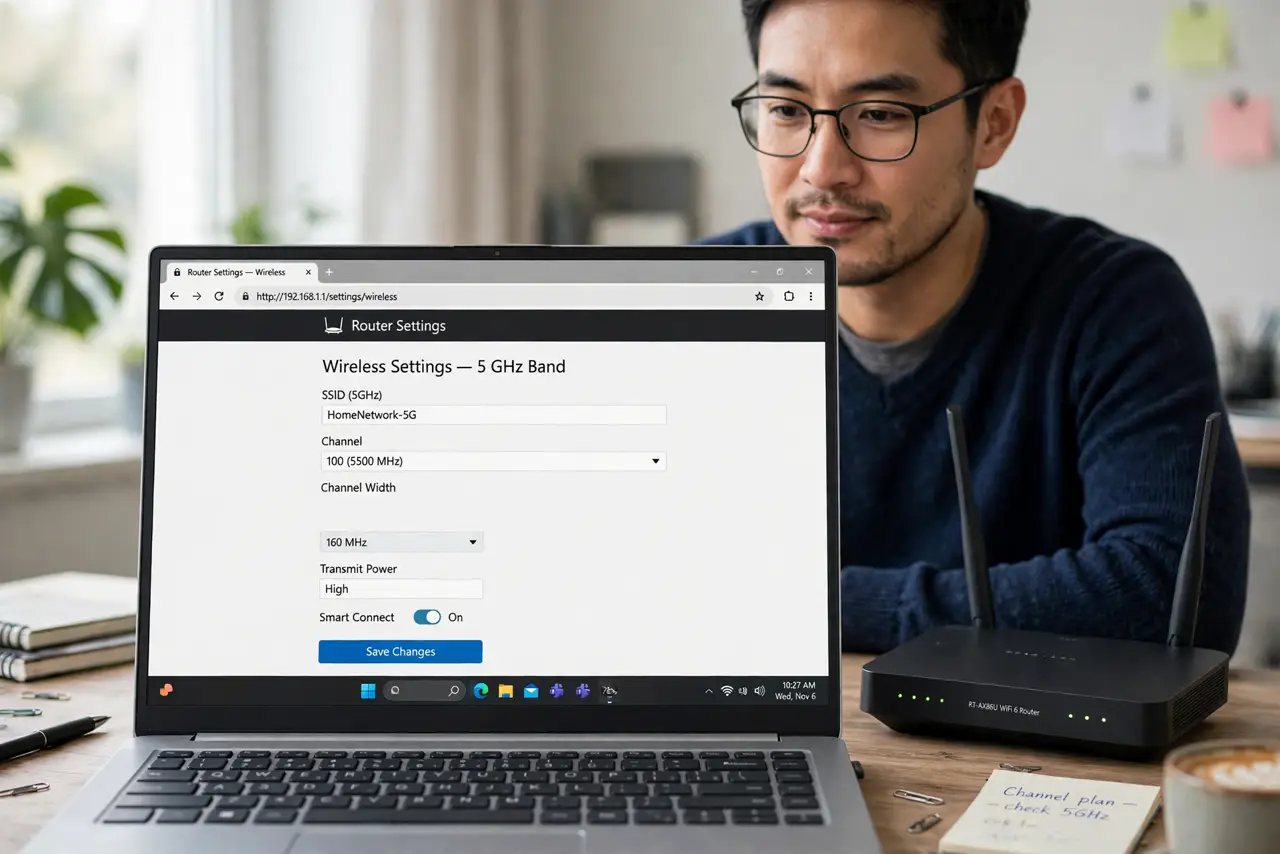 Photoreal photo: a focused person at a desk viewing a real laptop showing a router settings page with a legible channel width dropdown set to 160 MHz, a modern router beside it, the person's face thoughtful. No black scr