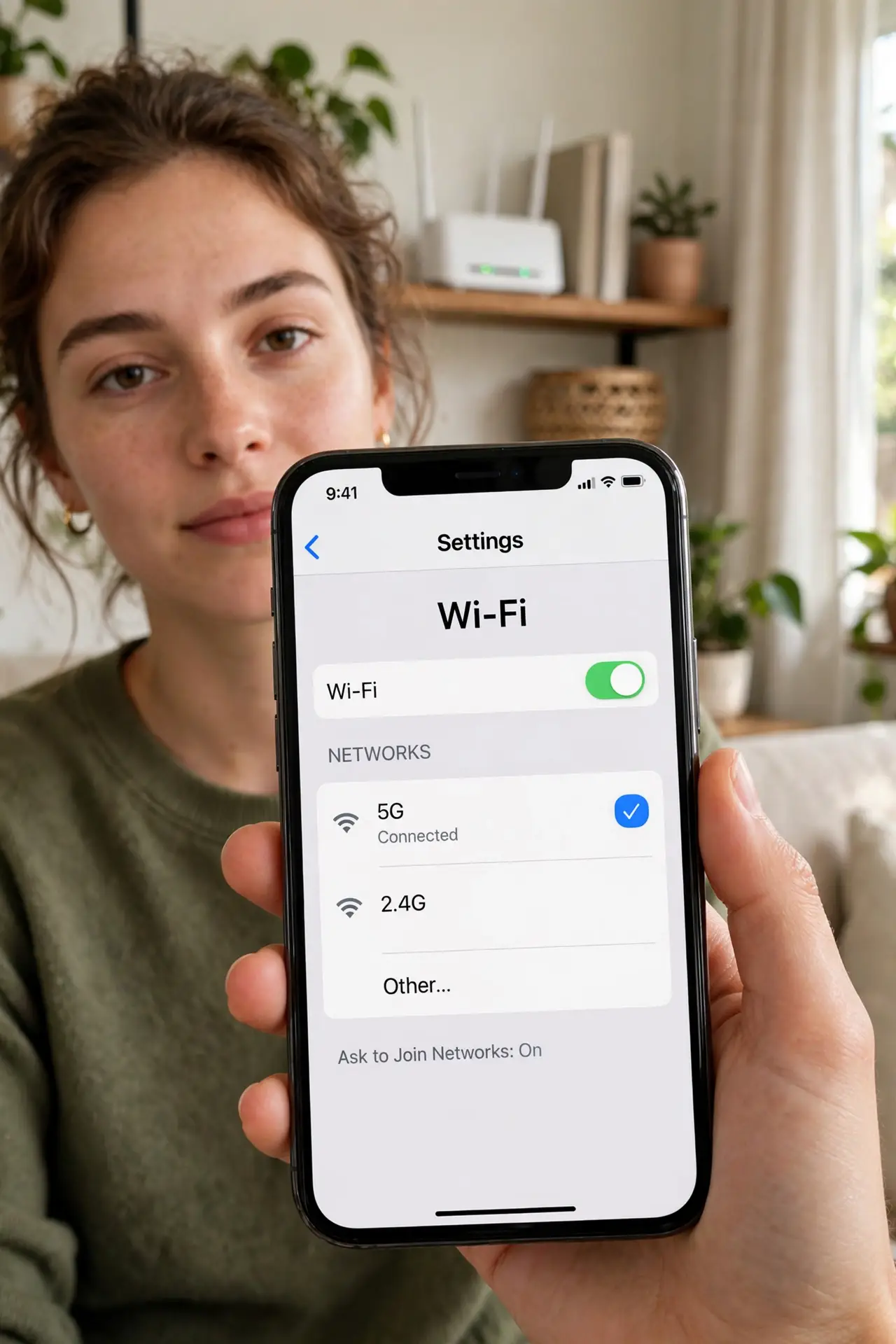 A person holding a real phone showing Wi-Fi settings with two network names (2.4G and 5G) visible in legible text, a router on a shelf behind, the person's face calm, living room.