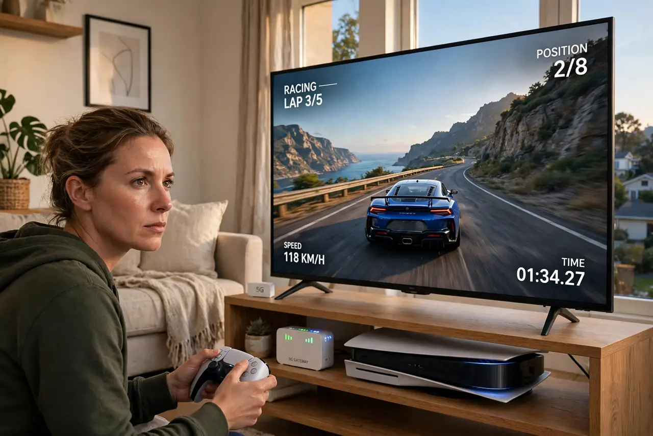 A person gaming on a real console connected to a TV, a small 5G gateway box with signal lights on a nearby shelf, the person's face focused, living room evening.