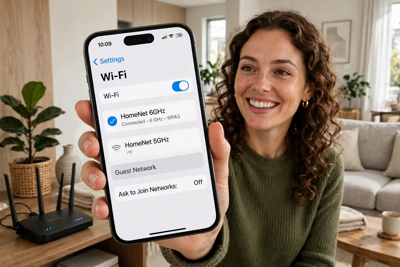A person holding a real phone showing Wi-Fi settings with a 6 GHz network name visible in legible text, standing near a new router, the person's face pleased, modern living room.