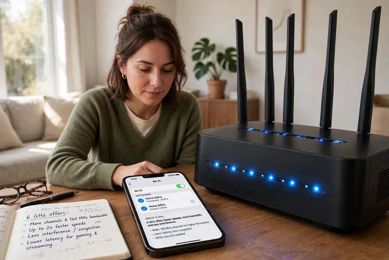 Photoreal photo of a person performing the first step: Learn what 6 GHz offers. A whole new band with wide channels and almost no legacy devices -- me