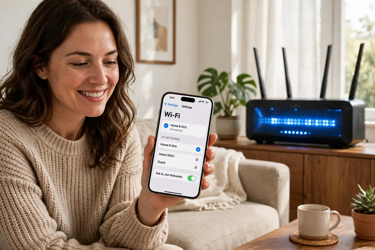 Photoreal photo: a person checking a real phone's Wi-Fi settings showing a legible 6 GHz network name connected, a modern router with glowing lights nearby, the person's face pleased, living room. No black screen, no blank white scree