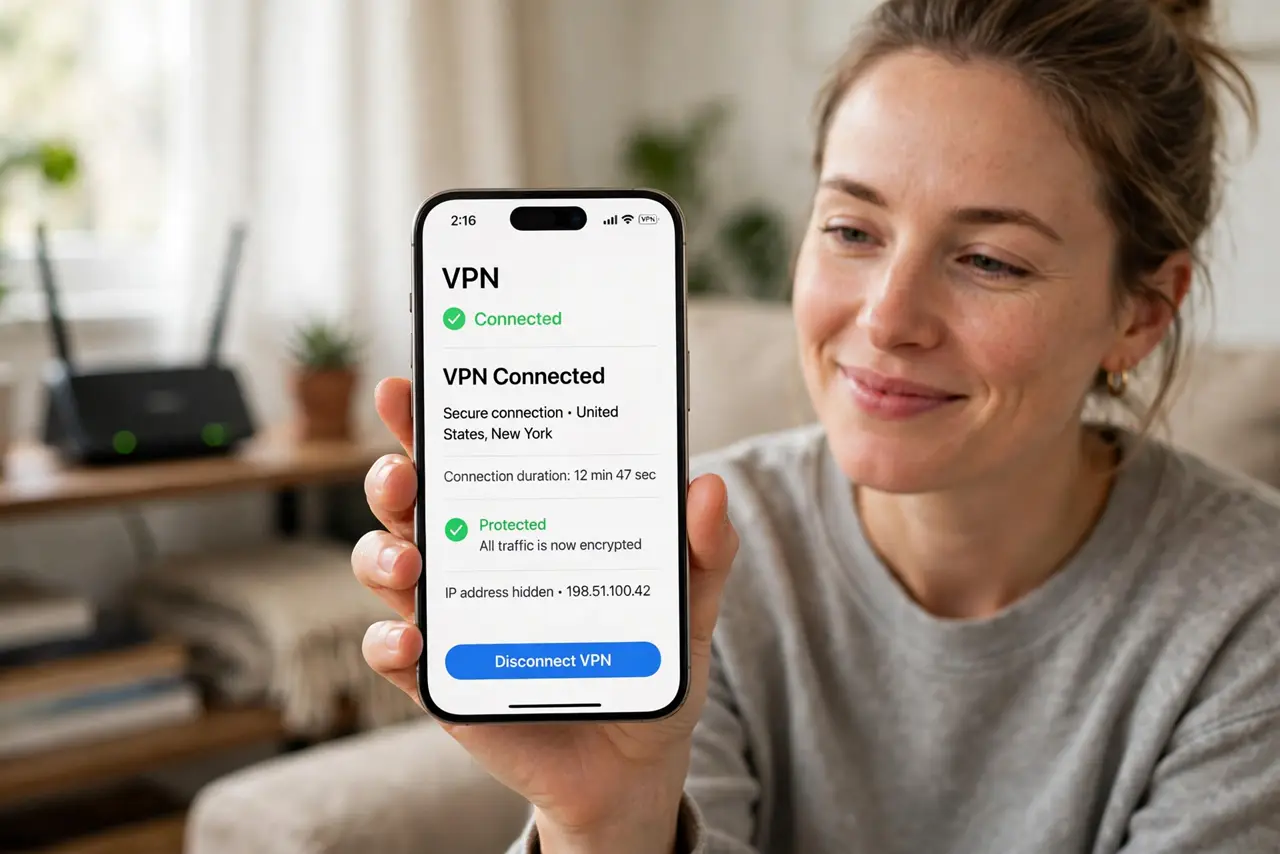 A person holding a real iPhone showing a VPN connection screen with legible status text, a home router visible blurred on a shelf behind, the person's face relieved, living room.
