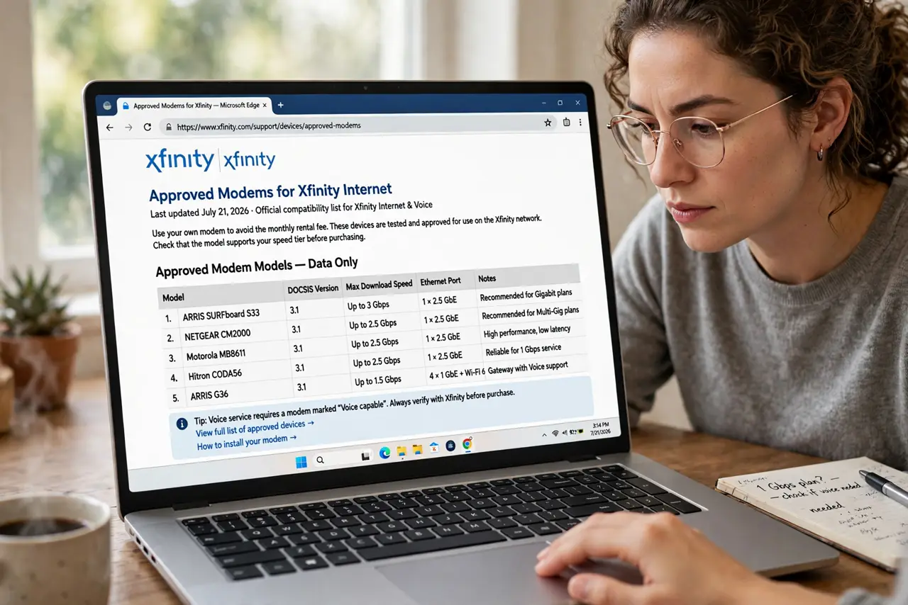 A person browsing a real ISP's approved modem list on a real laptop, the list of models with legible text on screen, the person's face careful and comparing.