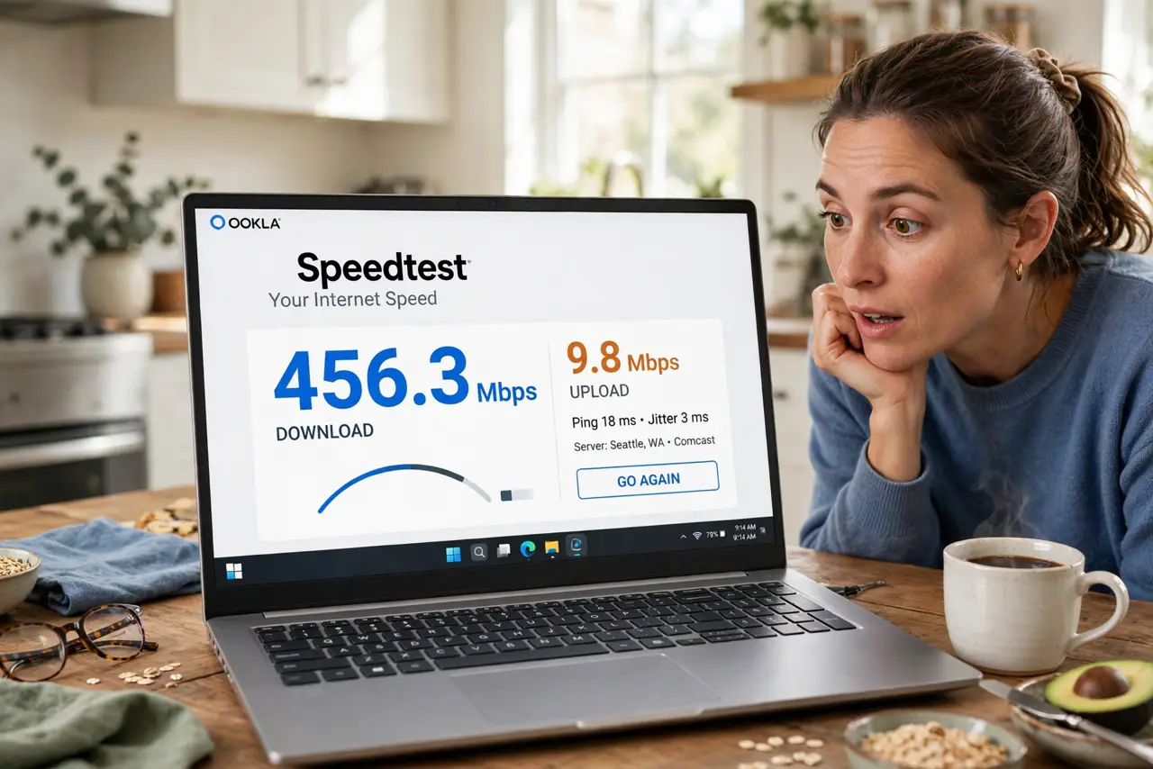 A person looking at a real laptop screen showing a speed test result with very different download and upload numbers, the person's face curious, kitchen table.