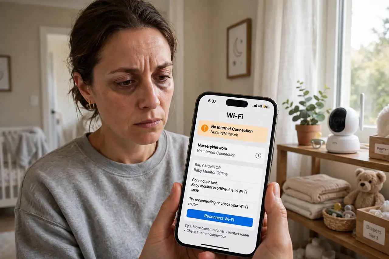 A parent looking at a real phone showing Wi-Fi issues in legible text, a baby monitor camera visible on a nursery shelf nearby, the parent's face tired but focused, hallway evening.