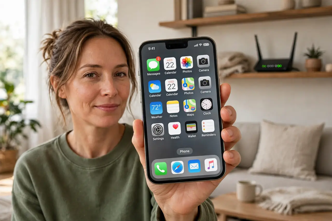 A person holding a real phone in a living room with a modern router visible on a shelf behind them, the person's face calm, warm home lighting.