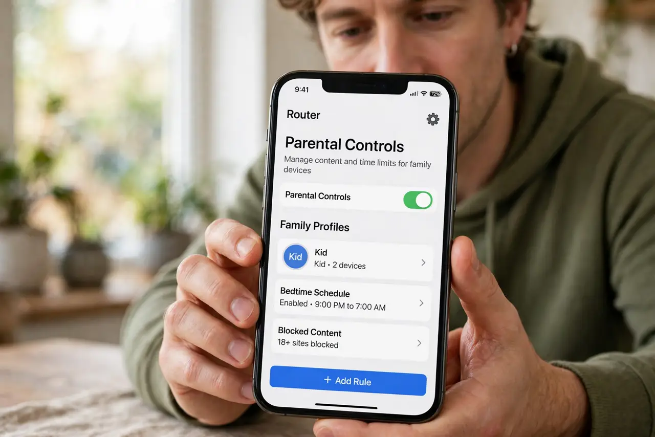 A person doing the guide's first step: Open parental controls in the router app.