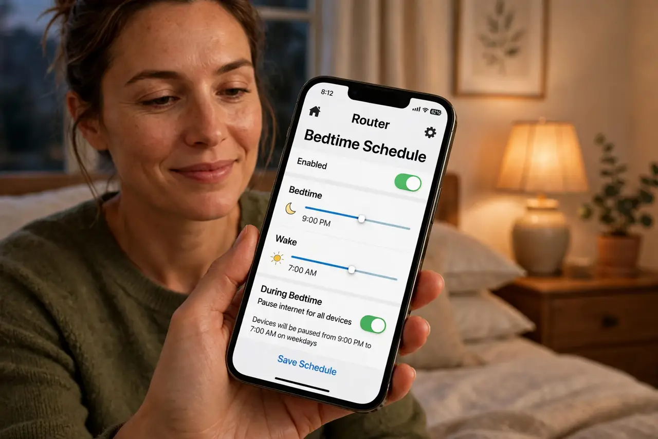 A parent setting up a real iPhone showing a router app with a bedtime schedule screen and time sliders visible, the person's face relaxed, bedroom evening.