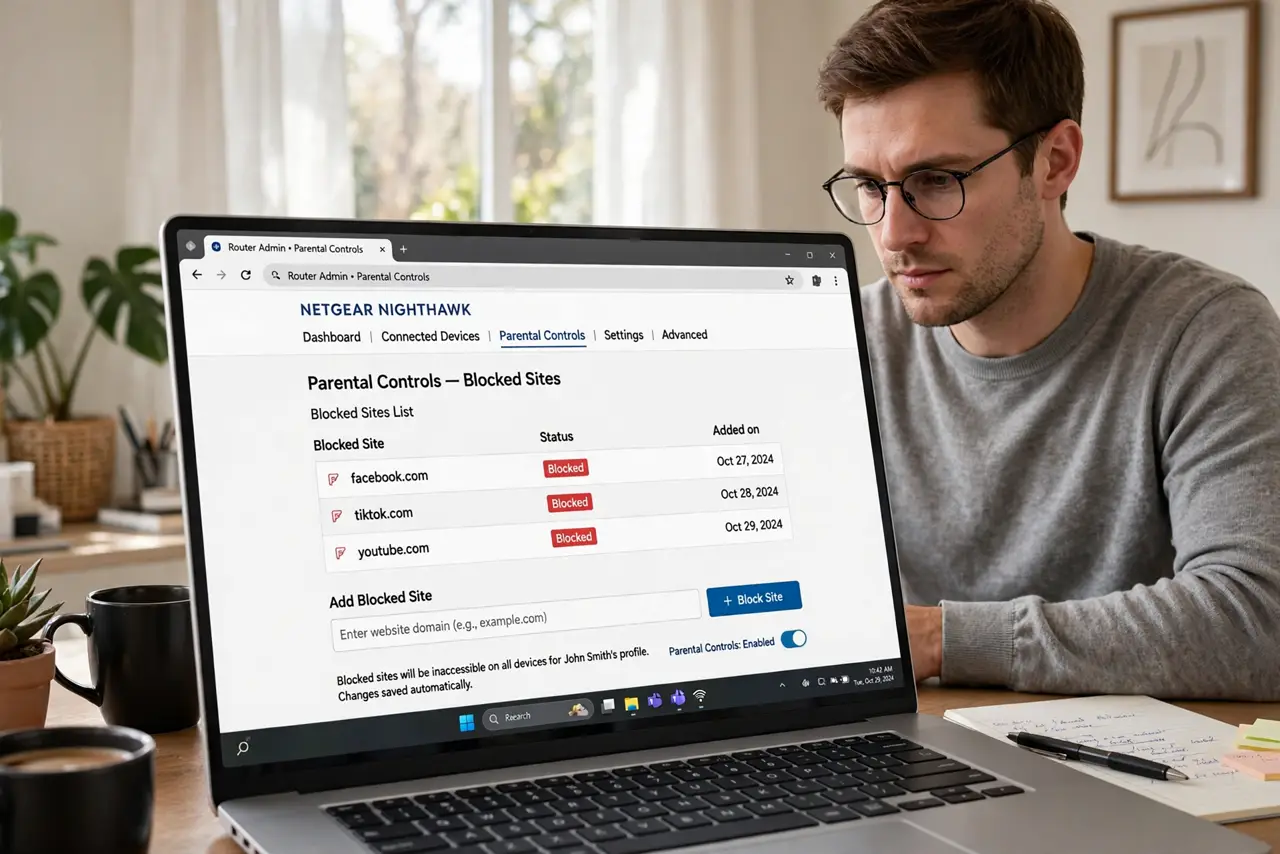 A person looking at a real laptop screen showing a router parental controls page with a blocked-sites list visible, the person's face focused, home office.