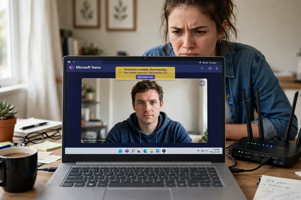 A person on a real laptop in a video call that is visibly frozen mid-frame with a legible connection warning, a real router with busy lights beside the laptop,…