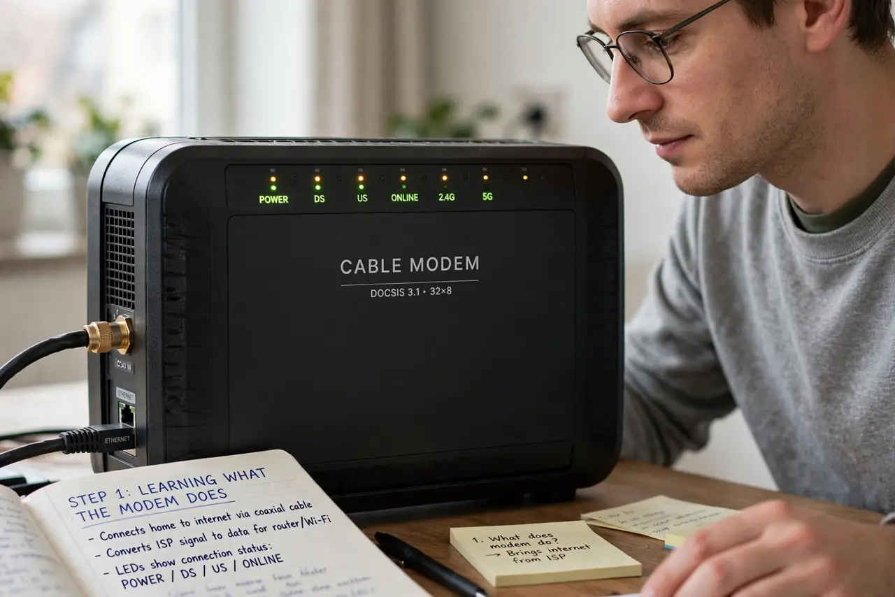 A person carrying out step one: learn what the modem actually does.