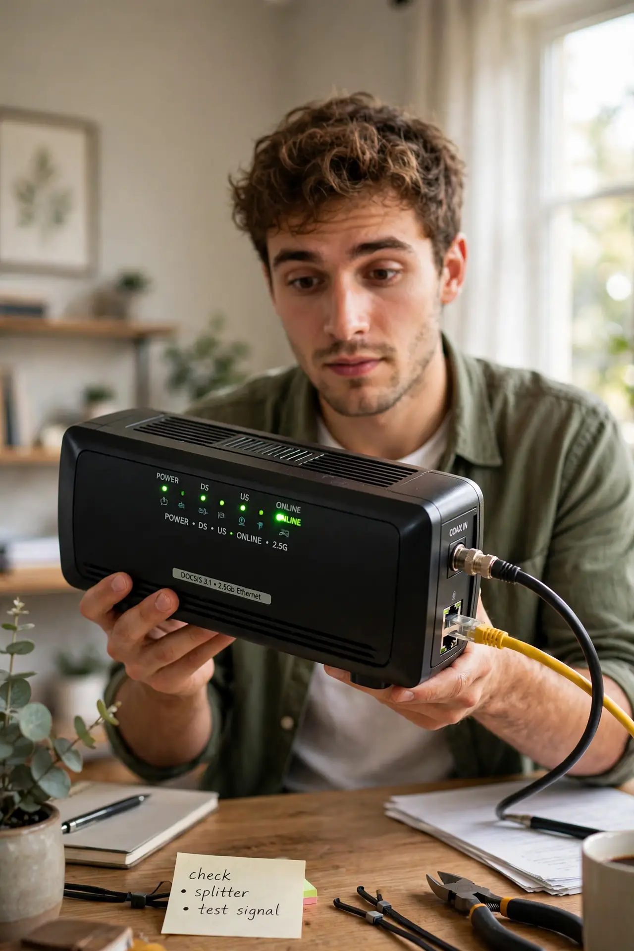 A person holding a real cable modem with its indicator lights visible, coax cable connected, the person's face curious and learning, home office.