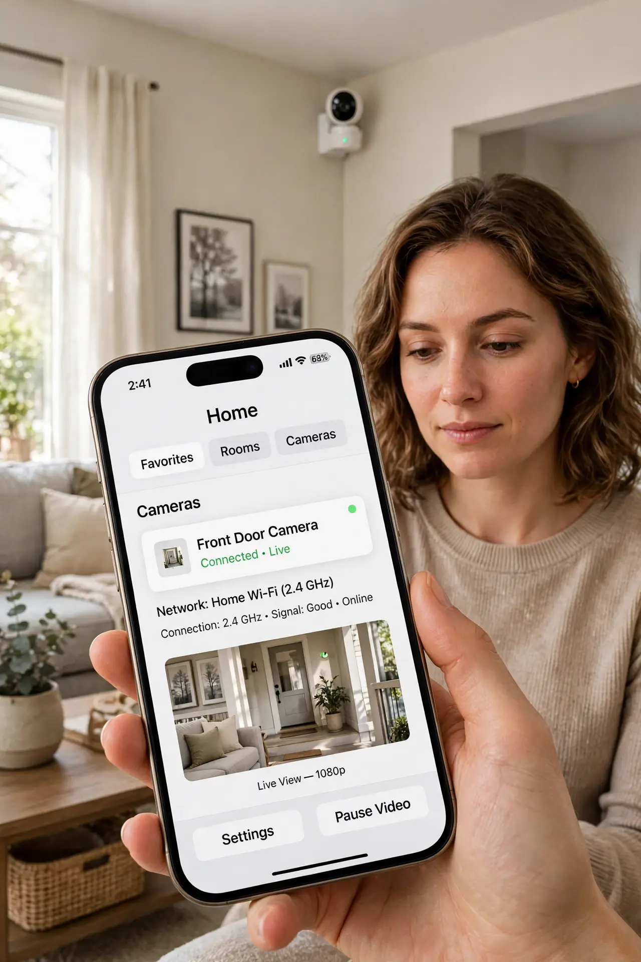 Photoreal photo of a person performing the first step: Accept 2.4 GHz as the camera's home. Nearly all Wi-Fi cameras are 2.4 GHz only — the band's lon