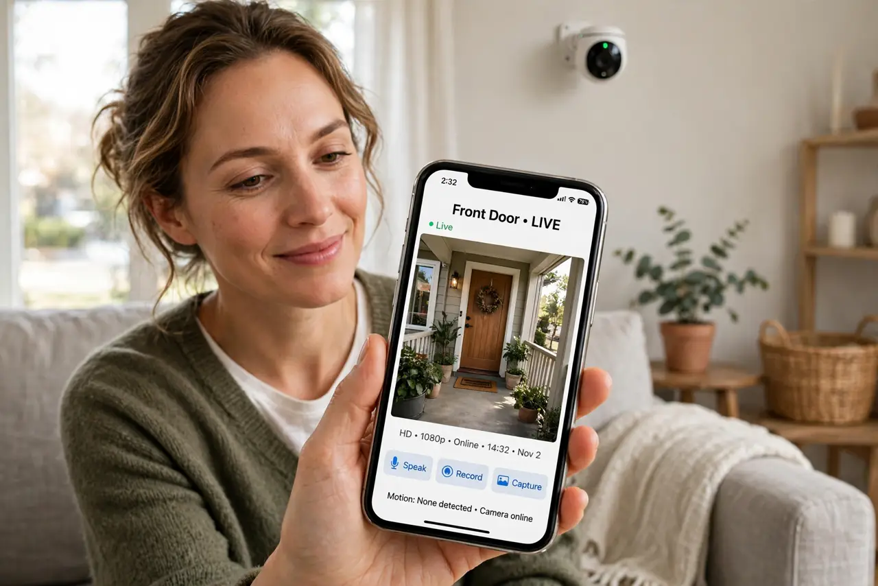 Photoreal photo: a person checking a real phone showing a live security camera feed with a legible video image, a real Wi-Fi camera mounted on a wall behind, the person's face satisfied, living room. No black screen, no blank white sc