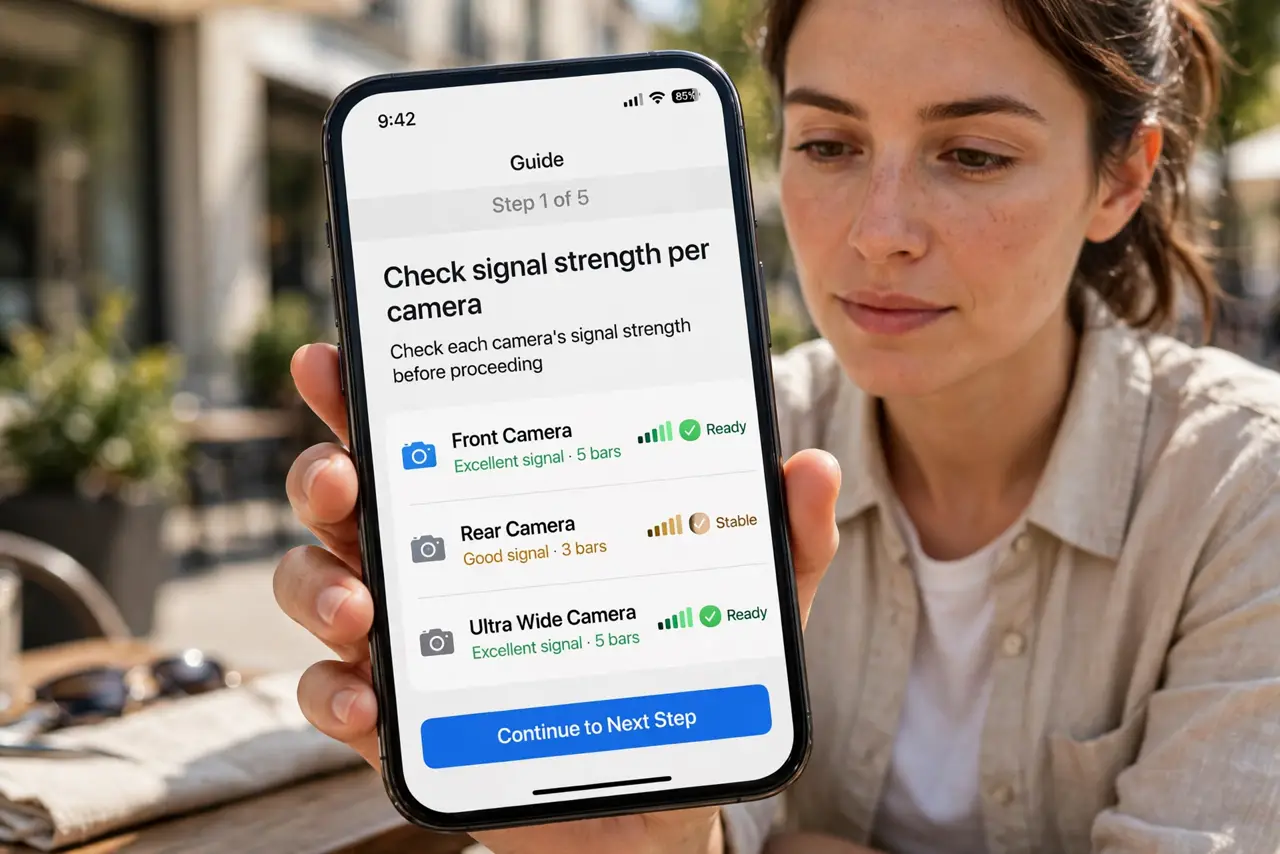 A person doing the guide's first step: Check signal strength per camera.