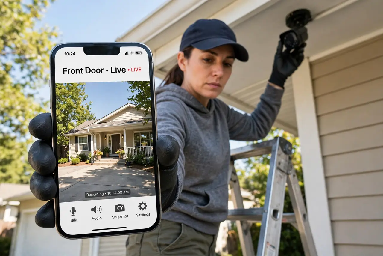 A person on a ladder adjusting a real outdoor security camera mounted under the eaves, holding a real iPhone showing the camera's live feed, the person's face focused, daytime.