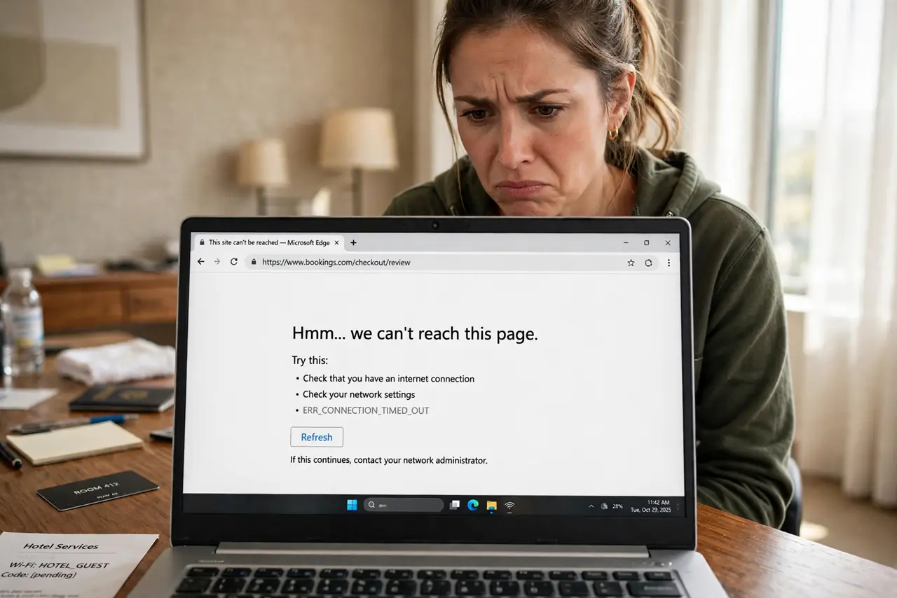 A frustrated traveler looking at a real laptop showing a browser that won't load in legible text, hotel room background, the person's face annoyed, hotel desk.