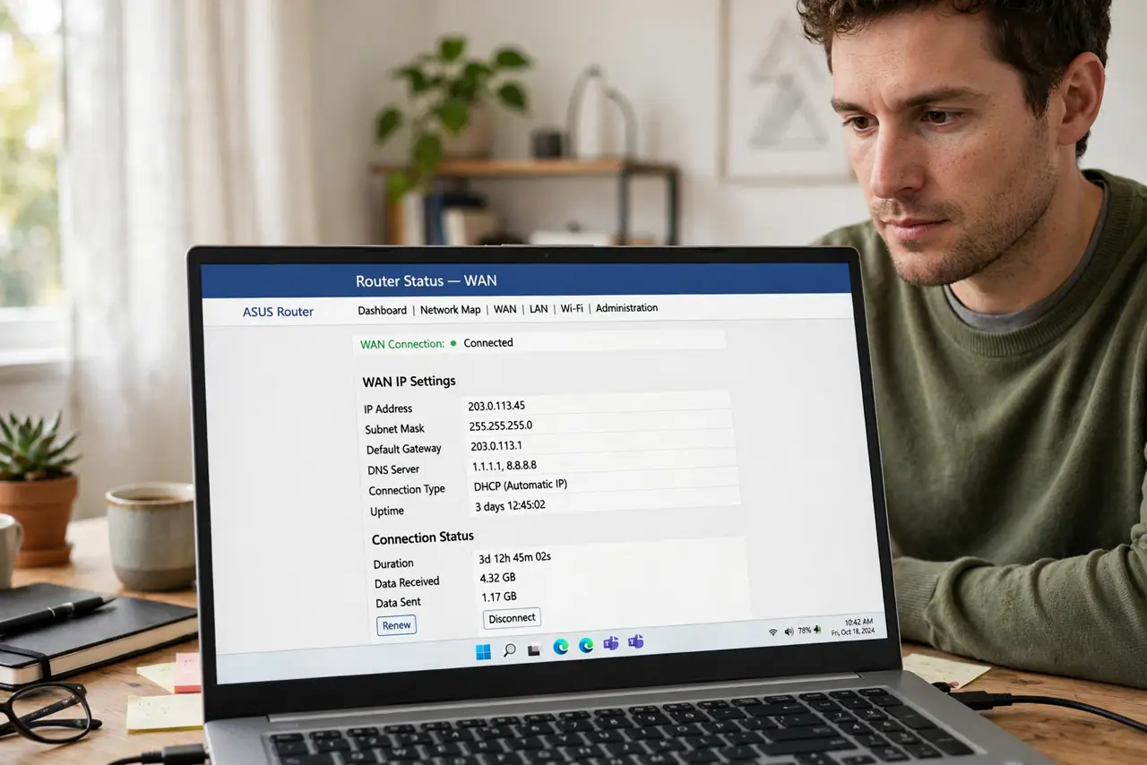 A person looking at a real router's status page showing WAN IP information on a laptop screen, the person's face thoughtful, home office.