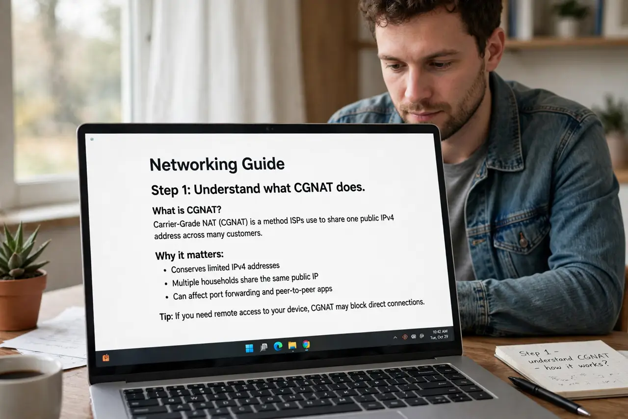 A person doing the guide's first step: Understand what CGNAT does.
